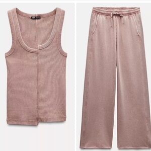 Zara Washed Effect Ribbed Wide Leg Pants and Tank SET